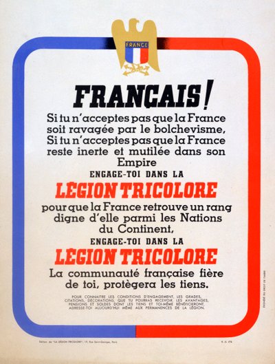 ヴィシーフランスのレジオントリコロールの募集ポスター、1942年 作： Unbekannt