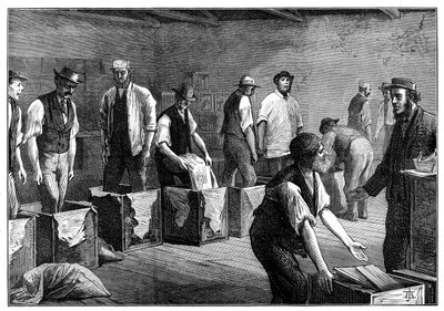 お茶の倉庫でのチェストの補充、1874 作： Unbekannt