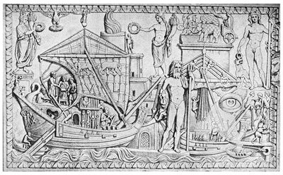1956年、イタリアのローマ港のオスティアにあるローマの灯台を示すレリーフ 作： Unbekannt