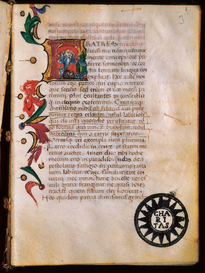 聖ジェローム（347-420）の肖像、「Opuscola theologica」から引用した照らされたページ。 作： Unbekannt
