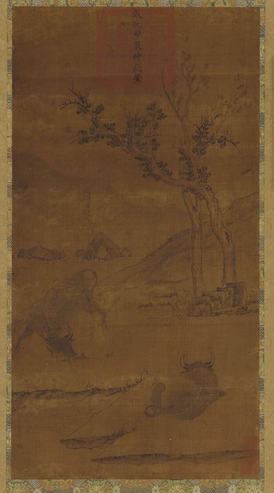 川の風景：2頭の水牛と昼寝中の群れの少年、1368-1644。 作： Unbekannt