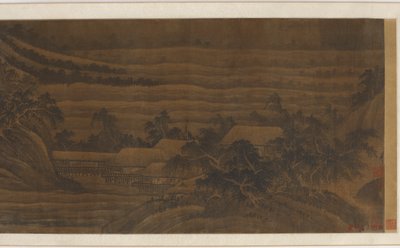 家屋と寺院のある川の谷、明王朝、15 ～ 16 世紀。 作： Unbekannt