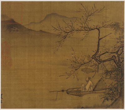 川の風景: 明王朝、1368-1644 年、花が咲く木の下に係留されたボートで読書をしている男性。 作： Unbekannt
