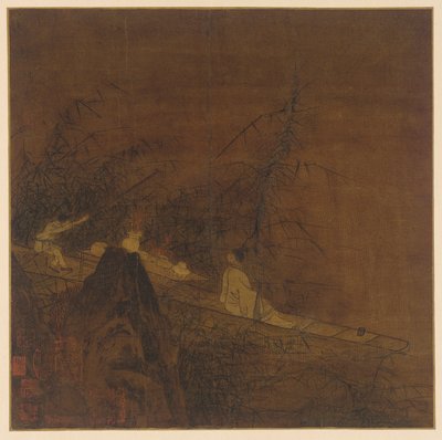 川の情景：野生の竹に囲まれた船、明王朝、1368～1644年。 作： Unbekannt