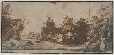 1600年代のボートと建物が並ぶロッキーインレット。 作： Unbekannt