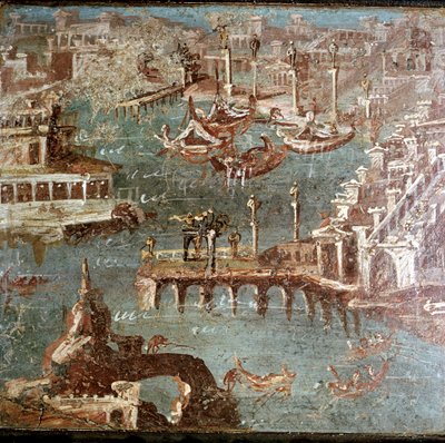イタリア、ポンペイ近郊の港のシーン、スタビアエのローマ時代の壁画 作： Unbekannt
