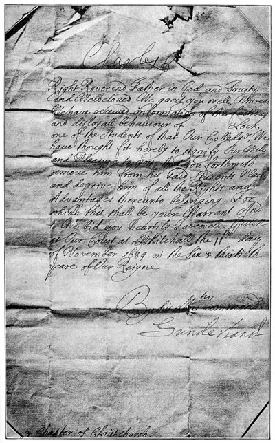 1684年、1894年、オックスフォードのクライストチャーチの生徒からロックの名前を消去するという王室の使命 作： Unbekannt