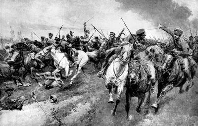 1914年の第一次世界大戦、東プロイセン、ドイツ軍を攻撃するロシアのコサック 作： Unbekannt