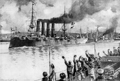 1904-5年の日露戦争、チェムルポの戦いに向かうロシアの巡洋艦 作： Unbekannt