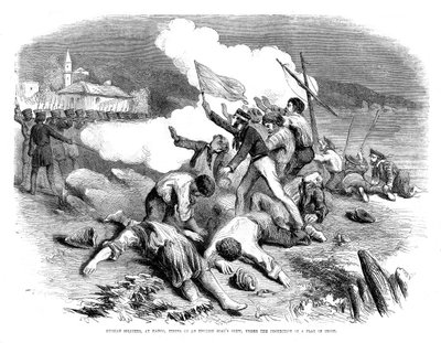 ロシアの兵士が休戦の旗の保護下でイギリスの船の乗組員に発砲、1855 作： Unbekannt