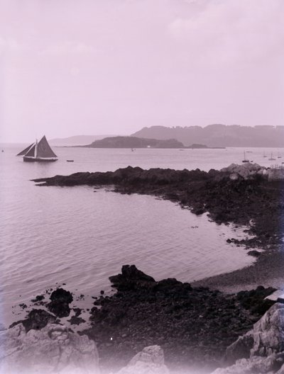 デボンのプリマス近くの海岸沖の帆船。 作： Unbekannt