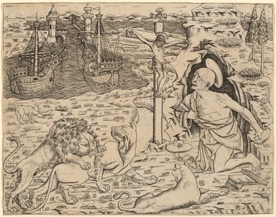 悔い改めの聖ヒエロニムス、港に 2 隻の船、c. 14801500。 作： Unbekannt