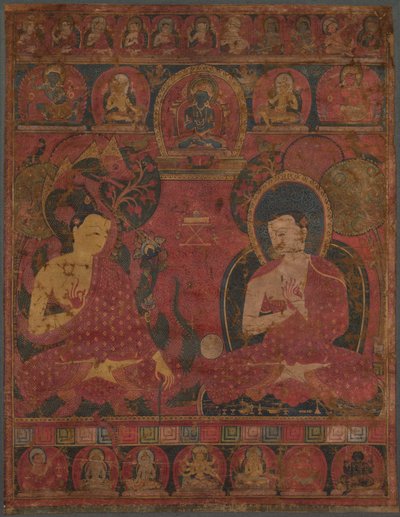 弟子タンカとの釈迦牟尼、14世紀。 作： Unbekannt