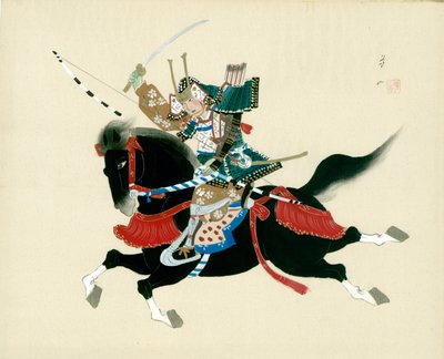 馬に乗った武士。伝統的な和風の絹の日本画 作： Unbekannt