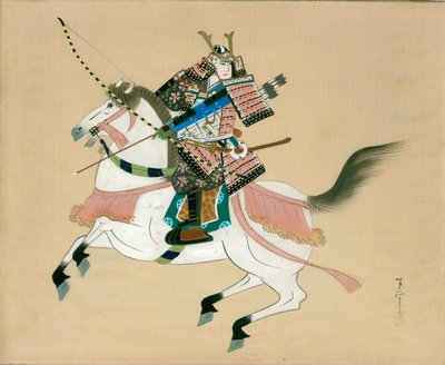 馬に乗った武士。伝統的な和風の絹の日本画 作： Unbekannt