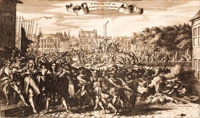 1672年8月20日、ハーグ、CornelisとJohan de Wittを殺害している群衆のシーン。 作： Unbekannt