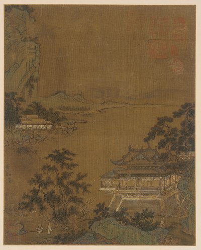 15世紀、明王朝の川沿いのパビリオンに到着する学者。 作： Unbekannt