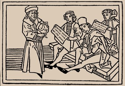 学校のレッスン。ロドリゴサモラ作の人間の鏡、1479年。 作： Unbekannt