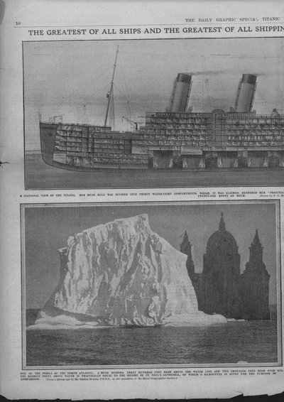 タイタニック号と氷山の断面図、1912年4月20日。 作： Unbekannt