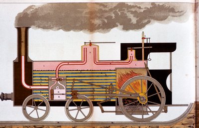 19世紀半ばの蒸気鉄道機関車の断面図、1882年 作： Unbekannt