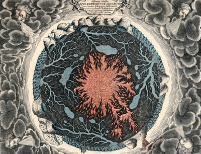 地球の断面図。海につながる中央の火と地下の運河を示しています。1665 作： Unbekannt