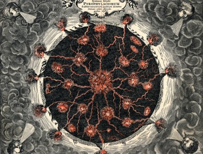1665年に中央の火と火山を示した地球の断面図 作： Unbekannt
