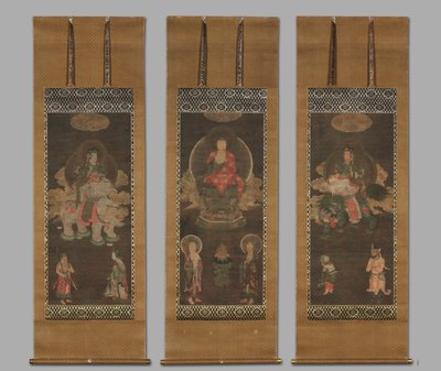 釈迦三尊像: 文殊菩薩と釈迦如来の仏陀、1300 年代後半。 作： Unbekannt