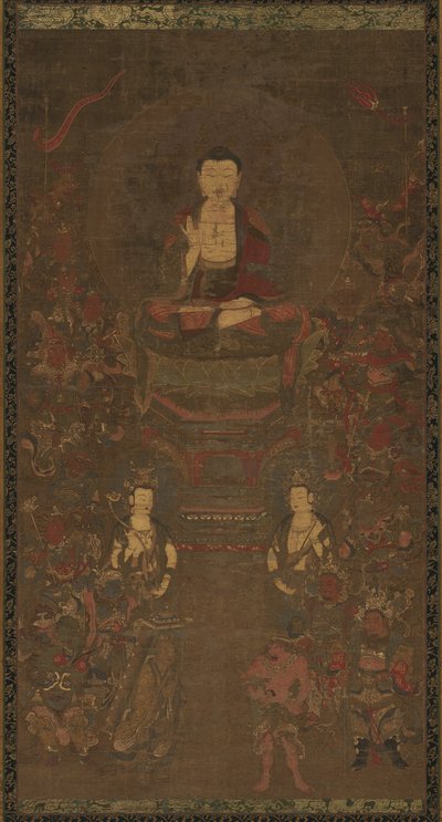 偉大なる知恵の経典の16人の守護者との釈迦三頭身、1300年代。 作： Unbekannt