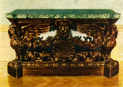 1730年、1938年頃の彫刻が施されたオークのサイドテーブル。 作： Unbekannt