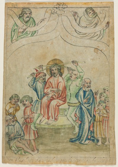 Biblia Pauperumからの単一の葉：十字架を背負ったキリスト、c。 1410年。 作： Unbekannt