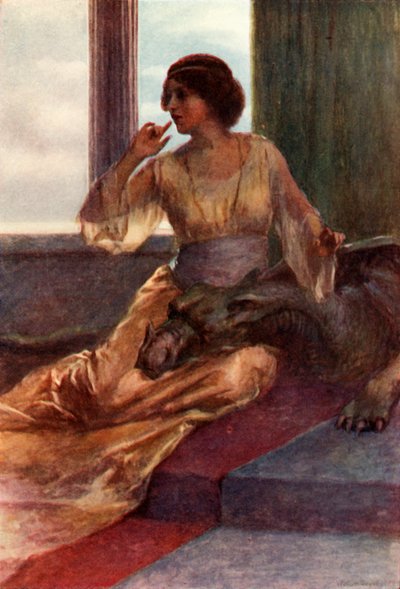 「眠っているドラゴンの頭を膝の上に乗せて座っている」、1917 年。 作： Unbekannt