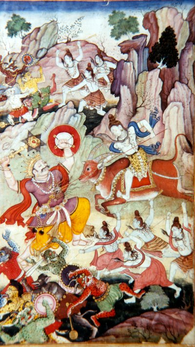 シヴァは悪魔とハカを破壊する、ハリヴァムサ写本、ムガール学校、c1590 作： Unbekannt