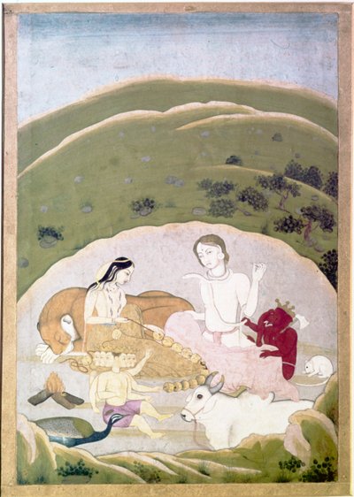 カイラス山でのシヴァとパールヴァティとその子供たち、ガネーシャとカルティクギャ、c1745 作： Unbekannt