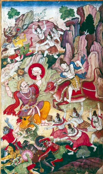 シヴァは悪魔アンダカを破壊する、ハリヴァムサ写本、ムガール、c1590. 作： Unbekannt