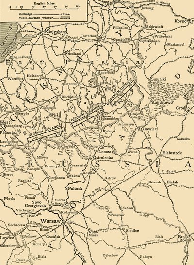 1915年、c1920年2月のワルシャワ北部でのドイツの攻撃を示す地図をスケッチします。 作： Unbekannt