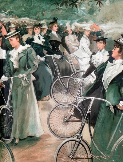 1896年、ロンドンのハイドパークで自転車に乗る社会の女性たち 作： Unbekannt