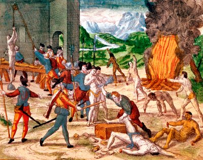 アメリカのインディアンを拷問するスペインの征服者、1539-1542 作： Unbekannt