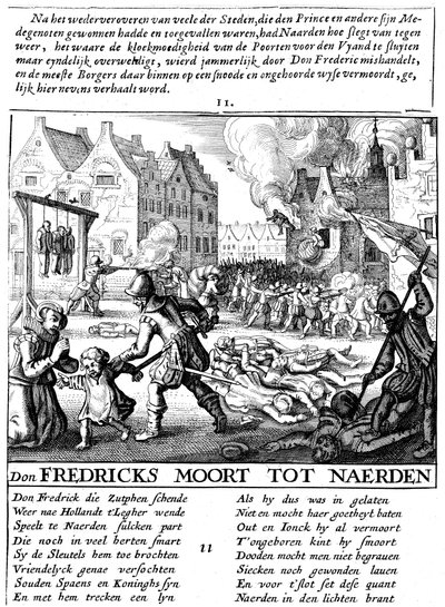 1567〜73年のオランダでのスペイン統治中にスペイン軍が建物に火をつけ、虐殺した 作： Unbekannt