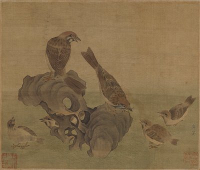 17世紀の明王朝または清王朝の若いスズメに餌をやるスズメ。 作： Unbekannt