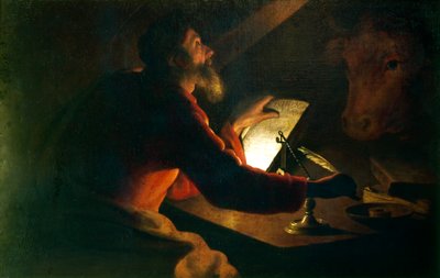 福音書を書いている伝道者聖ルカは、彼のシンボルである牛に見守られ、17 世紀に描かれました 作： Unbekannt