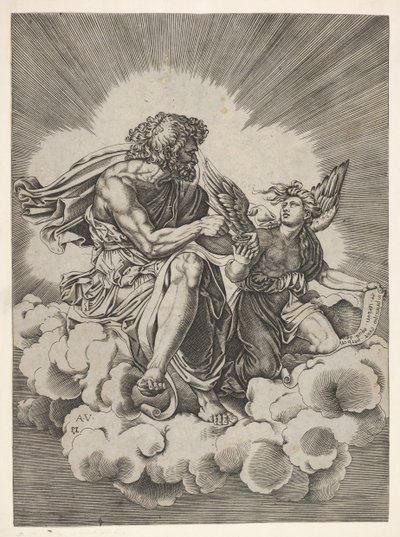 聖マタイ、脚を組んで雲の上に座って、クイルをインク壺に浸した...、1518年。 作： Unbekannt