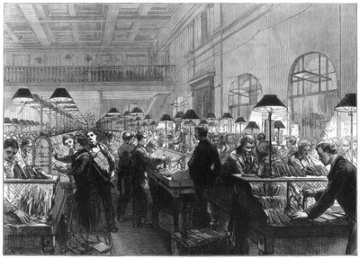 スタンピングと仕分けのオフィス、郵便局、ロンドン、1875 作： Unbekannt