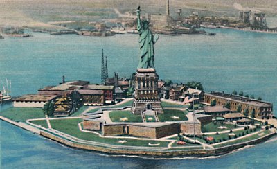 ニューヨーク港のベッドローズ島の自由の女神。ニューヨーク市、c1940年代 作： Unbekannt