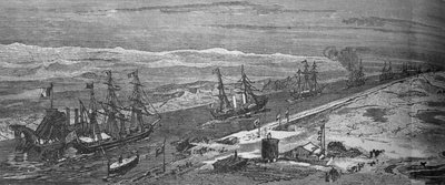 スエズ運河を通過する蒸気船、c1882 作： Unbekannt