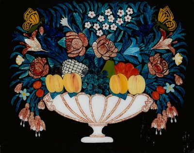 静物-白とピンクのボウルの花と果物、1840-60。 作： Unbekannt