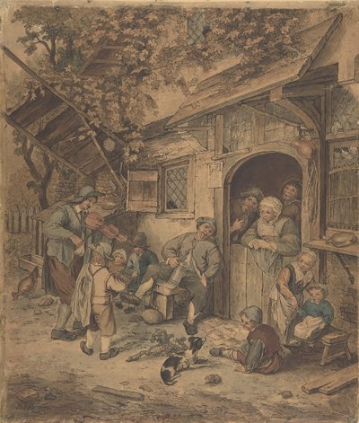 エールハウスのドアで散歩するバイオリニスト、1625-85。 作： Unbekannt