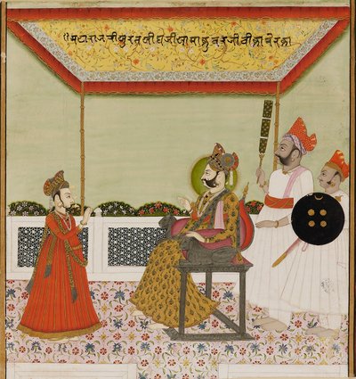 スラト・シンはライオンで武装した玉座に座り、幼い息子を迎えます、c1800 作： Unbekannt