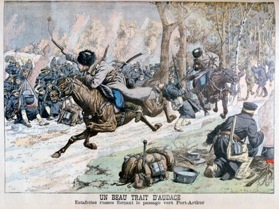 日露戦争、1904年のポートアーサーへの道でのロシア騎兵による奇襲 作： Unbekannt