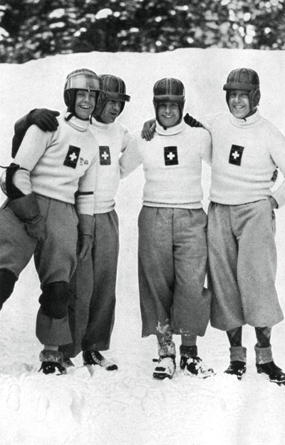スイスの4人ボブスレーチーム、冬季オリンピック、ドイツ、ガルミッシュパルテンキルヒェン、1936年 作： Unbekannt