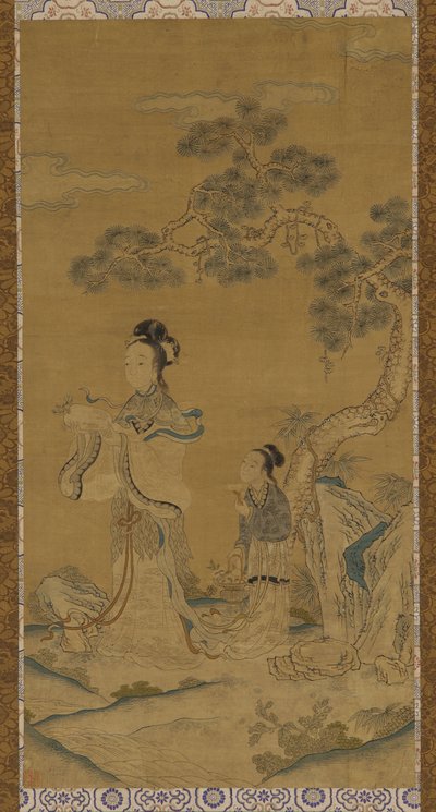 タペストリー: 明代、1368～1644年、松の下に立つ道教の女性不死身と付添人。 作： Unbekannt